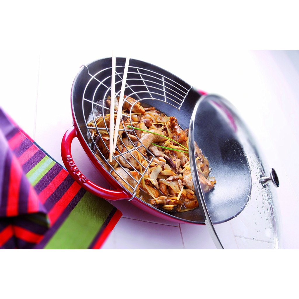Staub Wok 37 cm, med glaslock, körsbär, gjutjärn