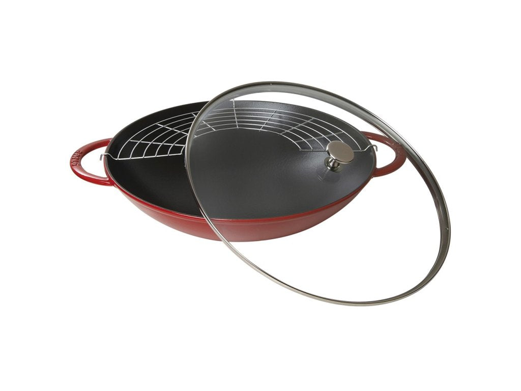 Staub Wok 37 cm, med glaslock, körsbär, gjutjärn