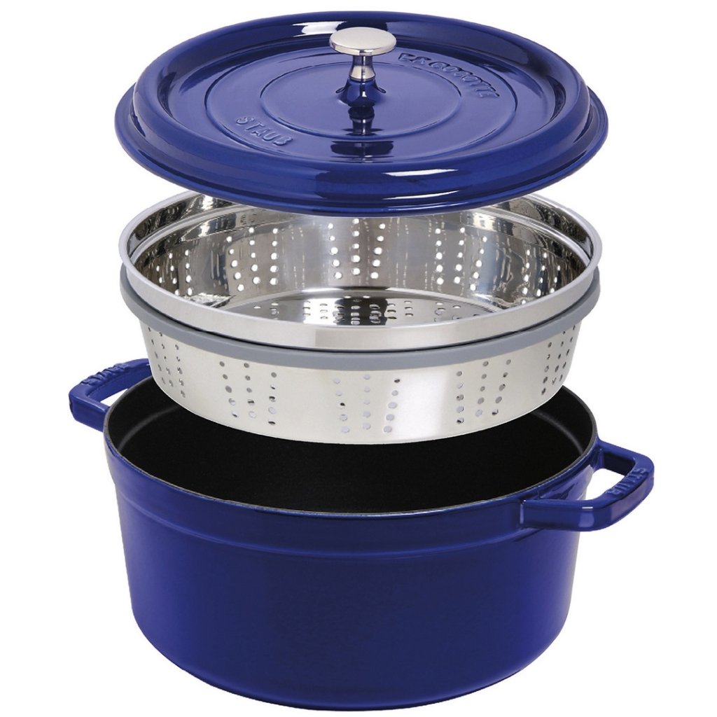 Staub Gryta COCOTTE 26 cm, med ångkokare, basilika, gjutjärn