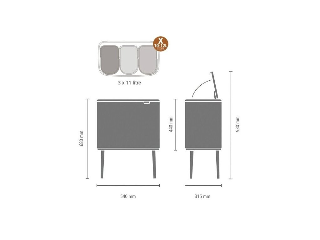 Brabantia Soptunna med trycklock BO 3 x 11 l, platina