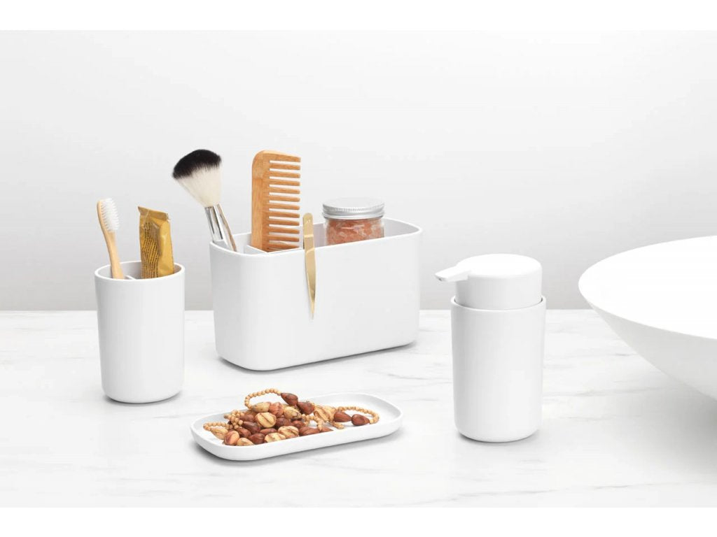 Brabantia Dispenser för flytande tvål och tandborstmugg i set, vit