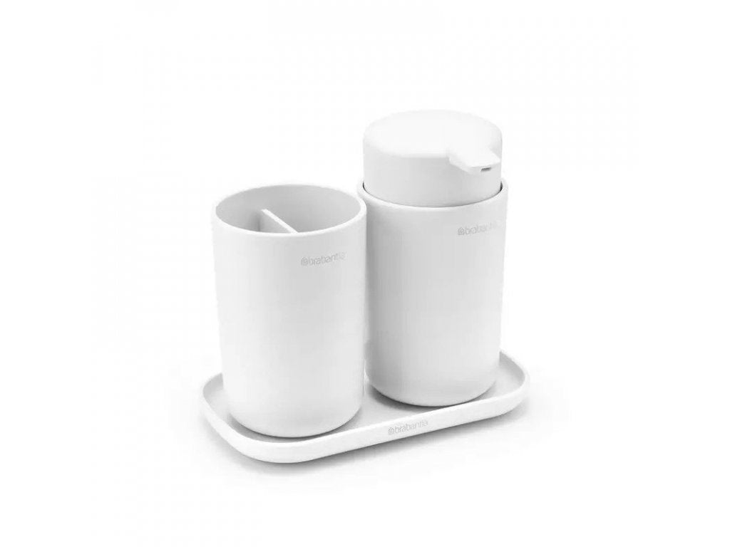 Brabantia Dispenser för flytande tvål och tandborstmugg i set, vit