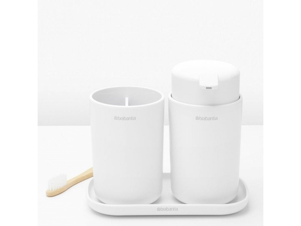 Brabantia Dispenser för flytande tvål och tandborstmugg i set, vit
