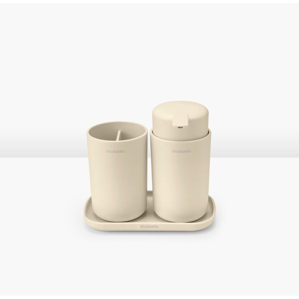 Brabantia Dispenser för flytande tvål och tandborstkopp i set RENEW mjuk beige