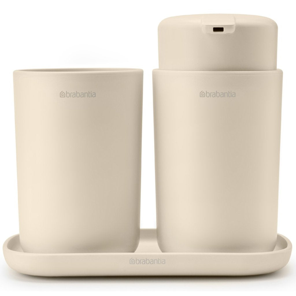 Brabantia Dispenser för flytande tvål och tandborstkopp i set RENEW mjuk beige