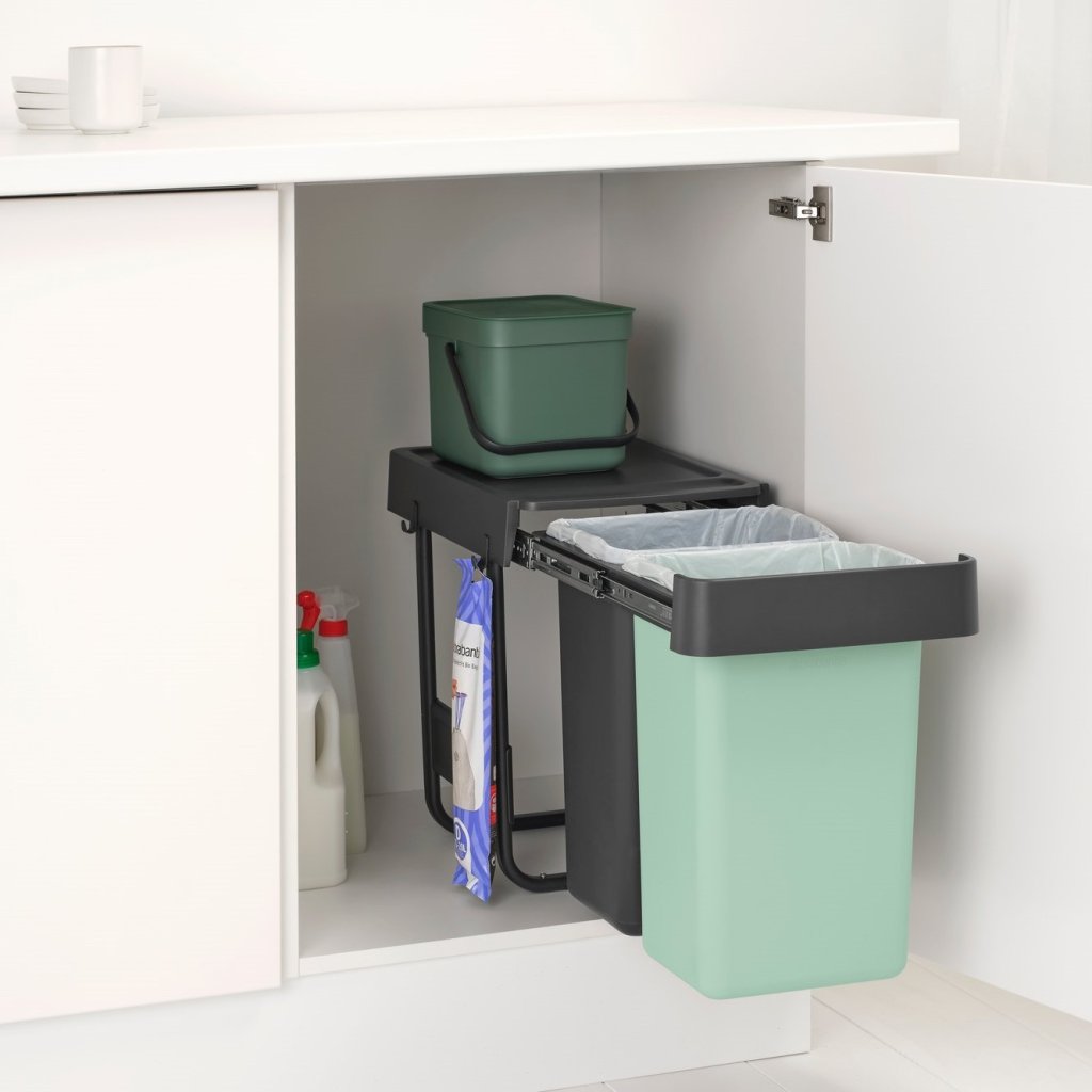 Brabantia Inbyggd avfallstunna SORT & GO 2x 15 l, mörkgrå / jadegrön, plast