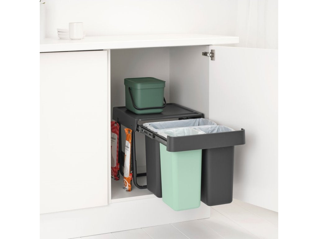 Brabantia Inbyggd avfallstunna SORT & GO 2x 10 l + 1x 20 l, mörkgrå / jadegrön, plast