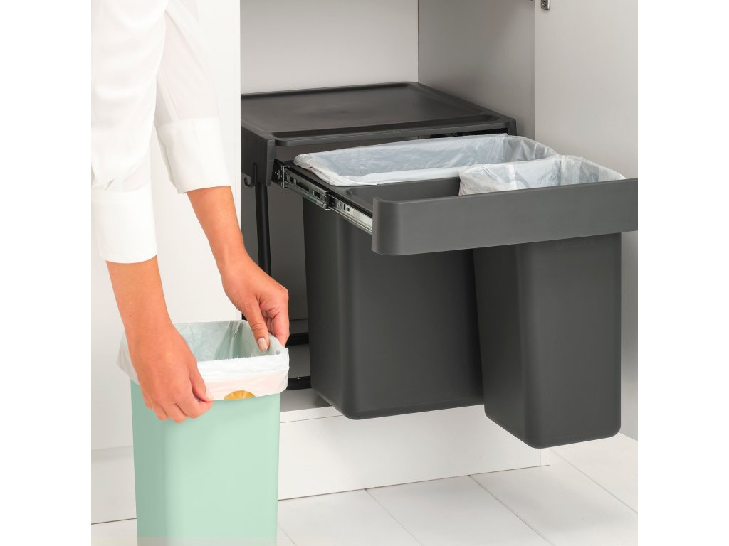 Brabantia Inbyggd avfallstunna SORT & GO 2x 10 l + 1x 20 l, mörkgrå / jadegrön, plast