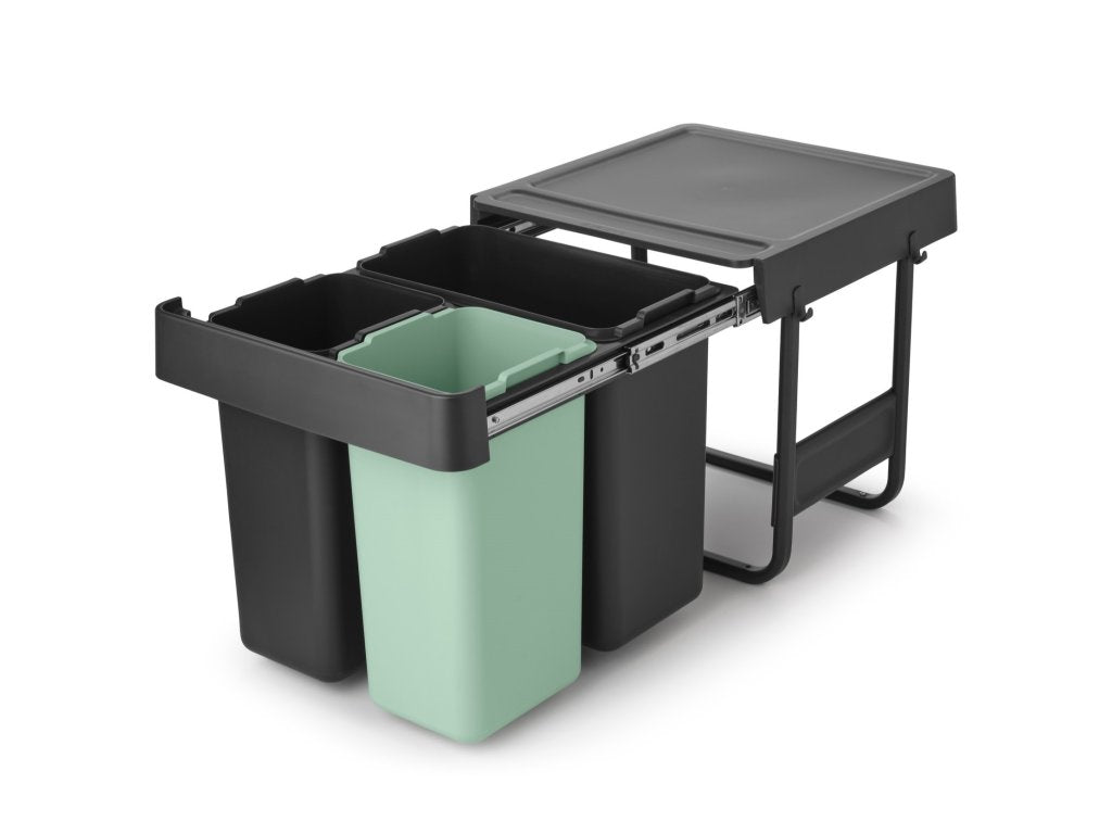 Brabantia Inbyggd avfallstunna SORT & GO 2x 10 l + 1x 20 l, mörkgrå / jadegrön, plast