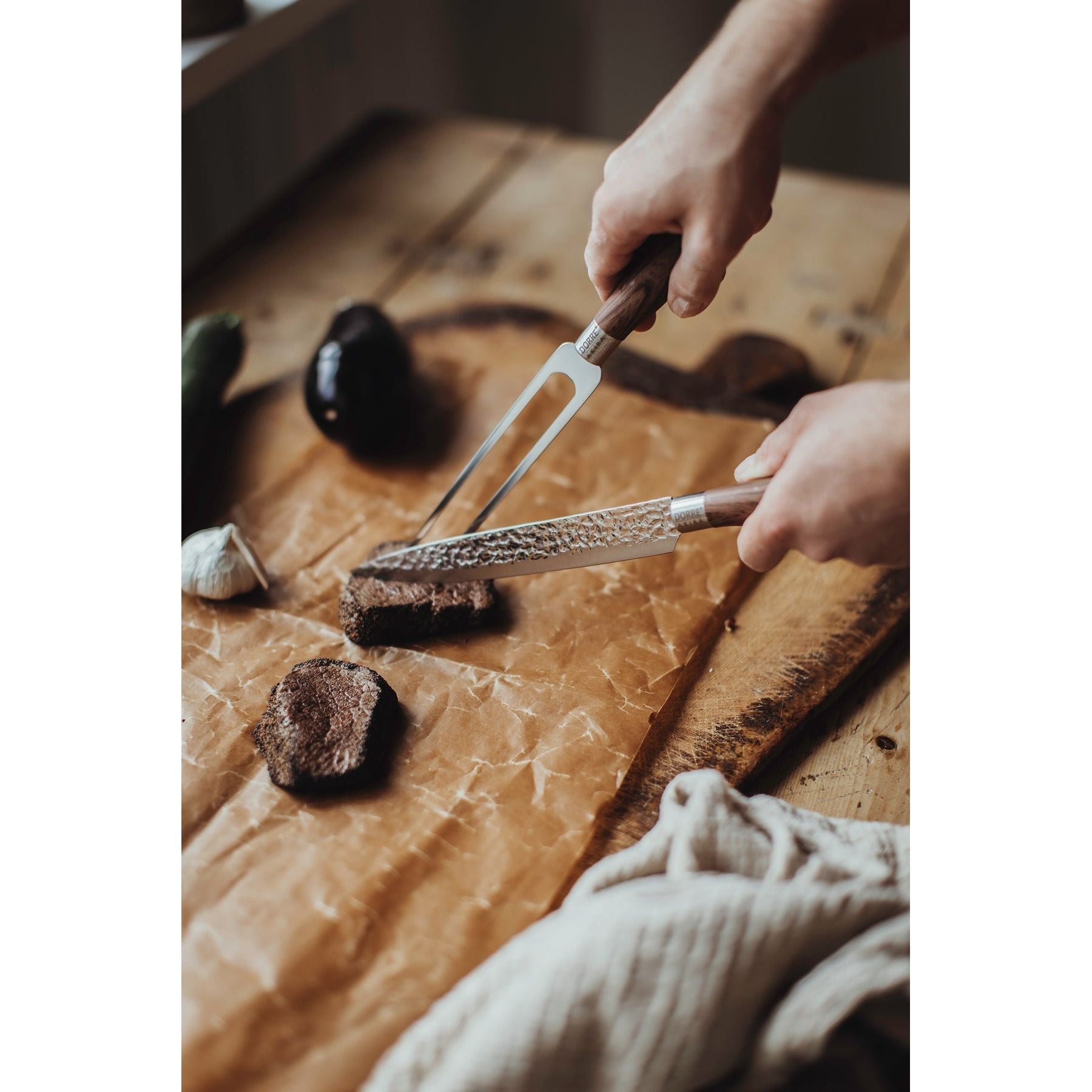 Dorre Akira Trancherset rostfritt stål brunt handtag köttkniv gaffel