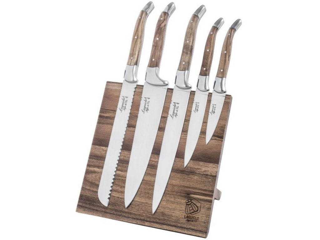 Laguiole Knivset, 6 st med magnetstativ LUXURY, olivträ