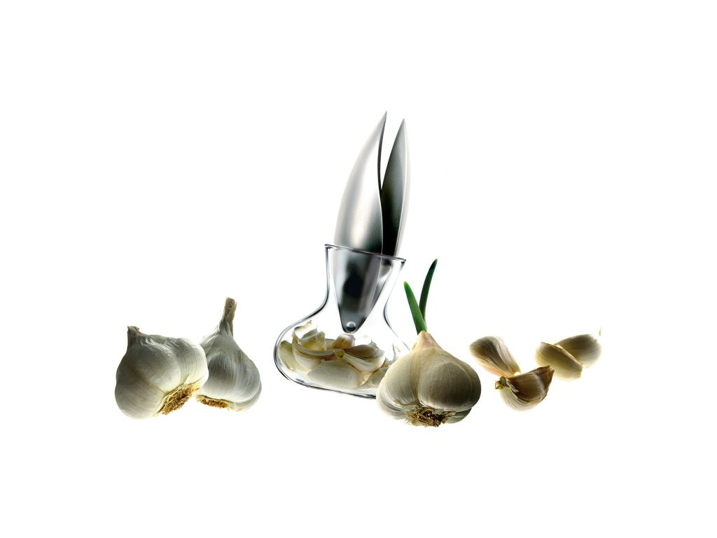 Eva Solo Vitlökspress, med glasbehållare, rostfritt stål