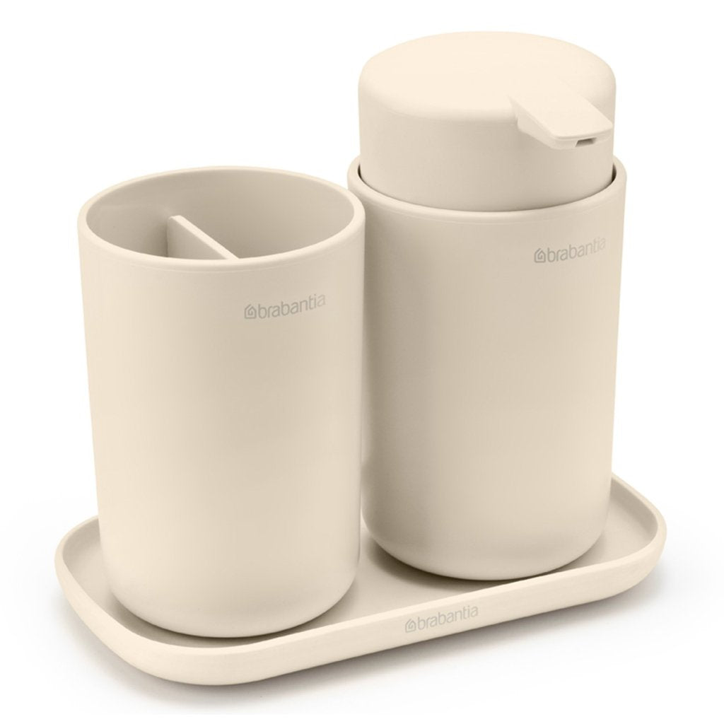 Brabantia Dispenser för flytande tvål och tandborstkopp i set RENEW mjuk beige